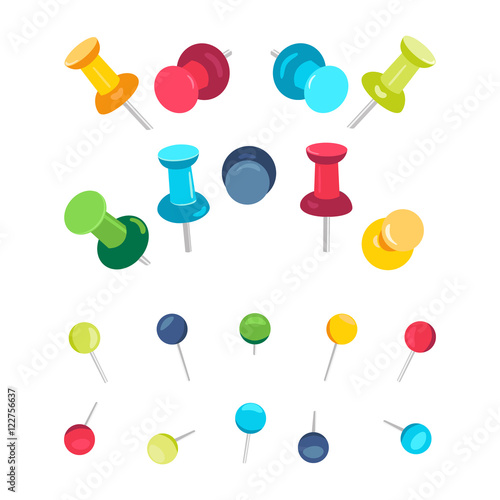 Set of push pins in different colors on white background. Office push pins symbols. Flat push pin clips. Head push pins. Thumbtacks. Pins stationery products. Needles and tacks. Vector illustration.
