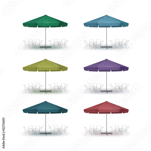 Vector Set of Colored Blue Green Purpule Blank Patio Outdoor Market Beach Cafe Bar Pub Restaurant Round Umbrella Parasol  for Branding  Front Side View Mock up Close up Isolated on White Background