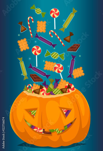 Halloween pumpkin full of candy treats. Cartoon pumpkin. Symbol of halloween design concept. Beggars Night october holiday. All Hallows Evening. Cartoon vector illustration.