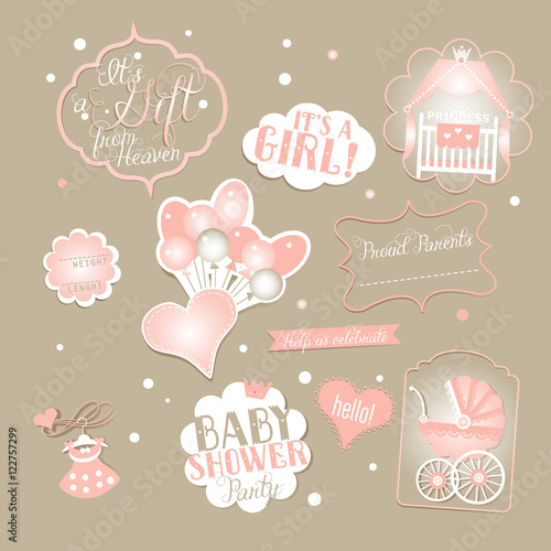 Hello, Little Princess. Baby Shower vector Set with greeting design elements