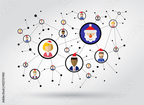 Communication cloud. New Year and Christmas office workers in a flat style 
