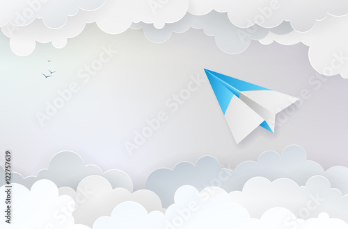 Abstract background with paper plane, clouds and birds