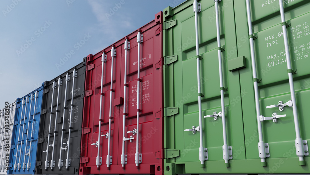 Row of multicolored cargo containers against blue sky. 3D rendering Row of multicolored cargo containers against blue sky. 3D rendering