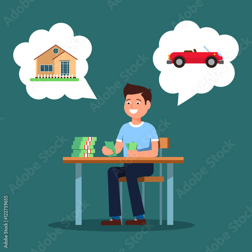 Young businessman sitting at the table and count money profit growth. Vector illustration of young man smiling happy profit growth and wants to buy house and car