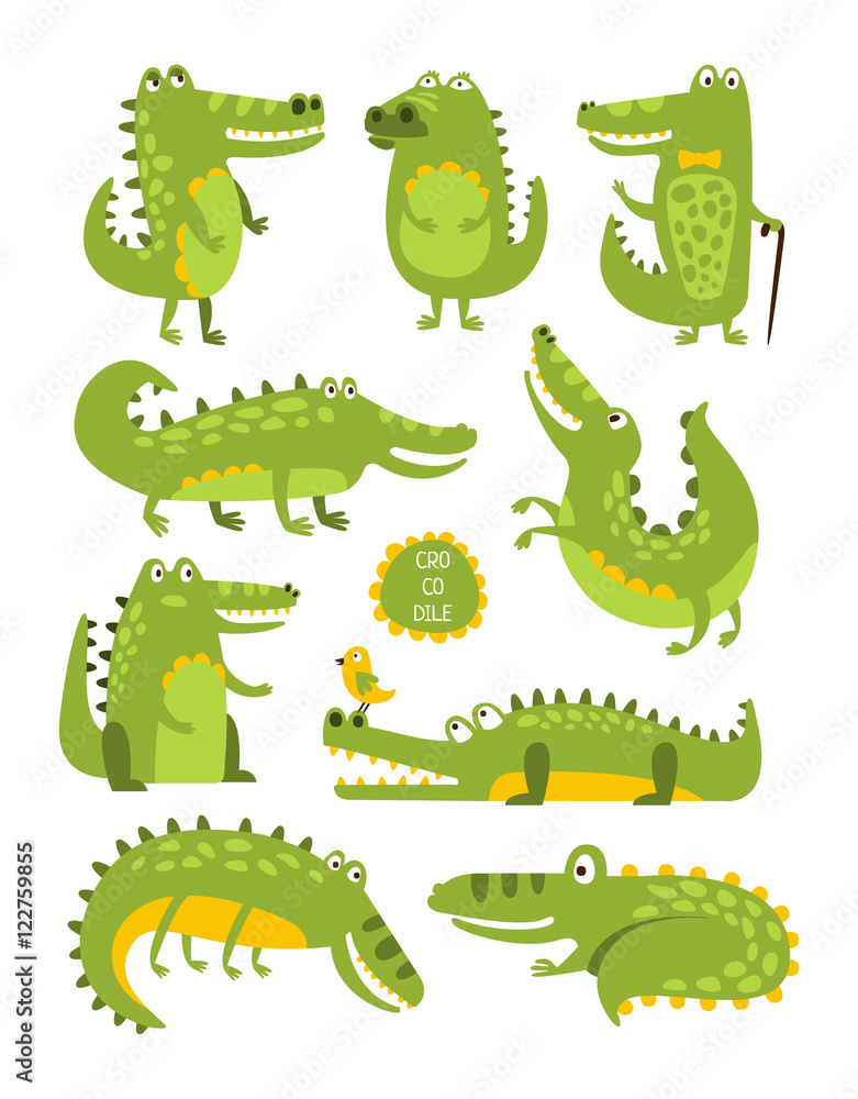 Fototapeta premium Crocodile Cute Character In Different Poses Childish Stickers