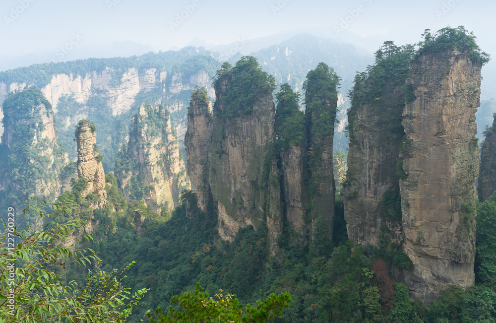 Sunrise at Zhangjiajie National Park, China. Avatar mountains