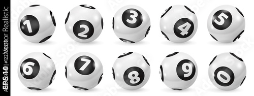 Lottery Number Balls. Black and white balls isolated. Bingo balls set. Bingo balls with numbers. Set of black and white balls. Realistic vector. Lotto concept. White Bingo Balls.
