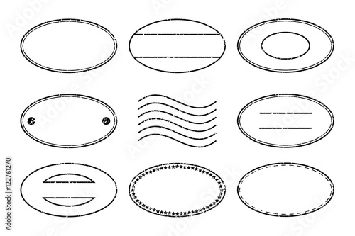 Set of black oval shape postal stamp and postmark on white backg