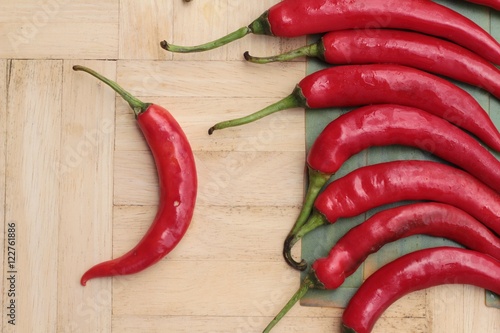 Fresh red hot chilli on wood background.