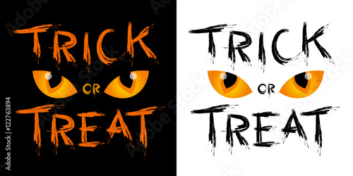 Trick or treat text design with eye. Hand drawn Halloween lettering. This illustration can be used as a greeting card, poster or print.