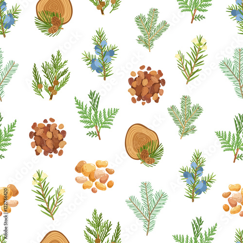 Coniferous, pine, wood and resin seamless pattern