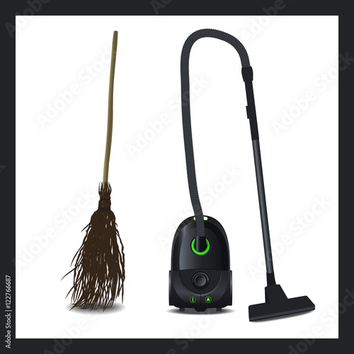 illustration of a vacuum cleaner and broom. The evolution of technical devices