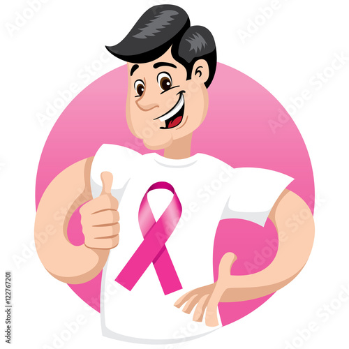 male mascot supporting breast against awareness campaign, wearing a white shirt with pink ribbon. Ideal for educational materials and information