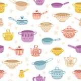 Kitchenware doodle decorated colorful seamless pattern