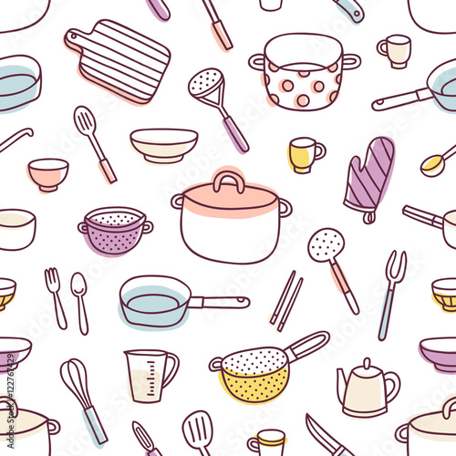 Kitchenware and cooking utensils seamless pattern