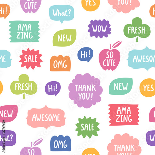 Colorful phrases seamless pattern on white background