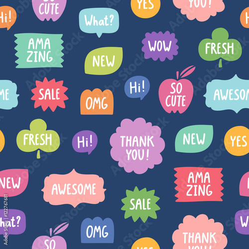 Colorful phrases seamless pattern on blue background