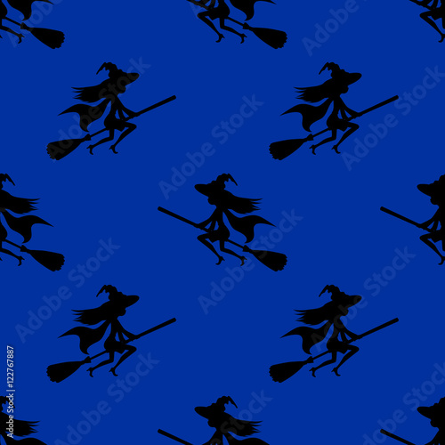 Seamless pattern witch silhouette hat flying on broom. Vector halloween decoration, walpurgis night invitation card, wrapping paper, fabric.