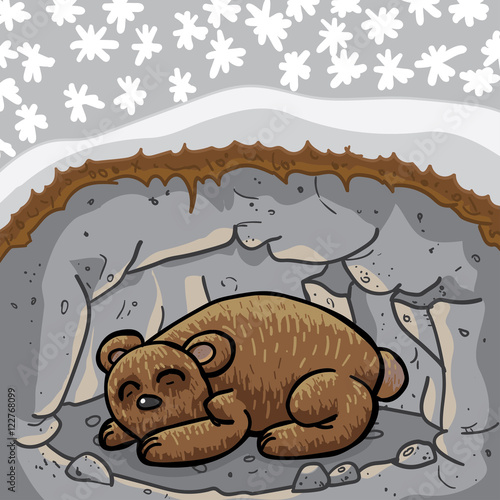 Cute sleeping bear in lair / cave. The season outside is winter. High quality vector illustration.