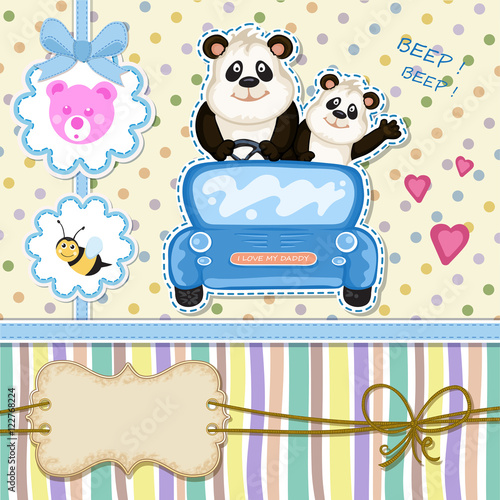 Fototapeta Naklejka Na Ścianę i Meble -  Daddy and baby panda in a blue car. Baby shower invitation