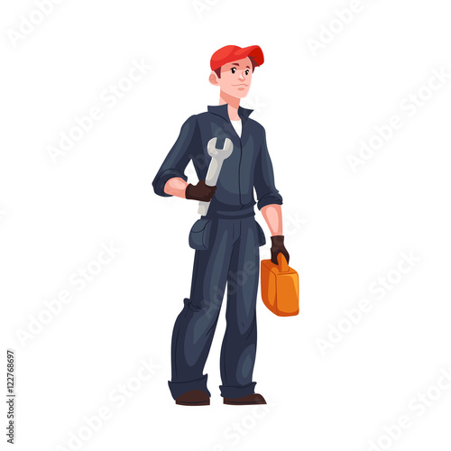 Full length portrait of young and handsome plumber, mechanic, repairman, cartoon style vector illustration isolated on white background. Repairman, mechanic or plumber with a wrench and a toolbox