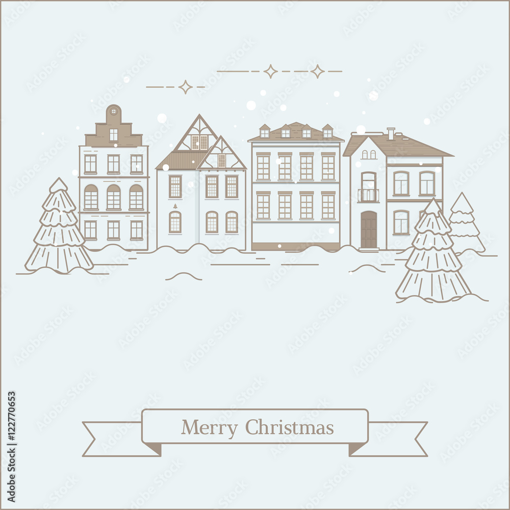 Winter landscape of the old town and the inscription Merry Christmas in linear style