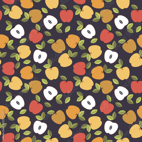 Seamless pattern with colorful leaves and apples isolated on pur