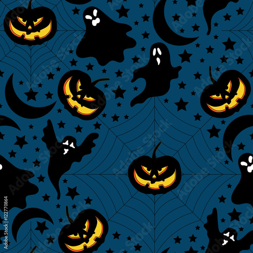 Halloween pattern with pumpkin,ghost and stars.Halloween background