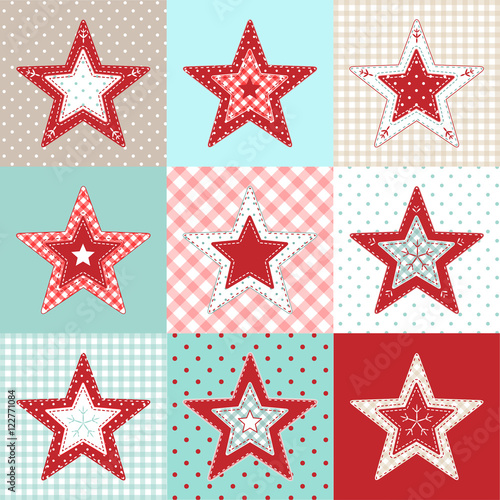 Set of red and blue patchwork decorative stars, christmas motive illustration