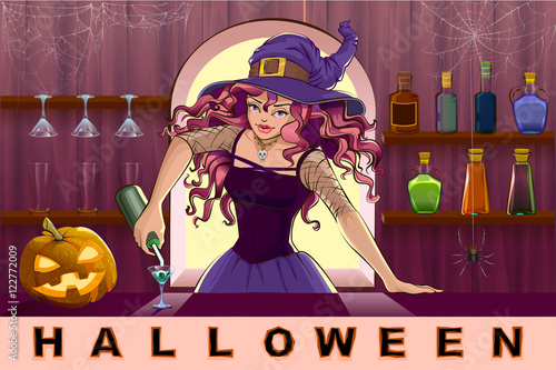 Beautiful pretty witch girl pours cocktails Halloween party