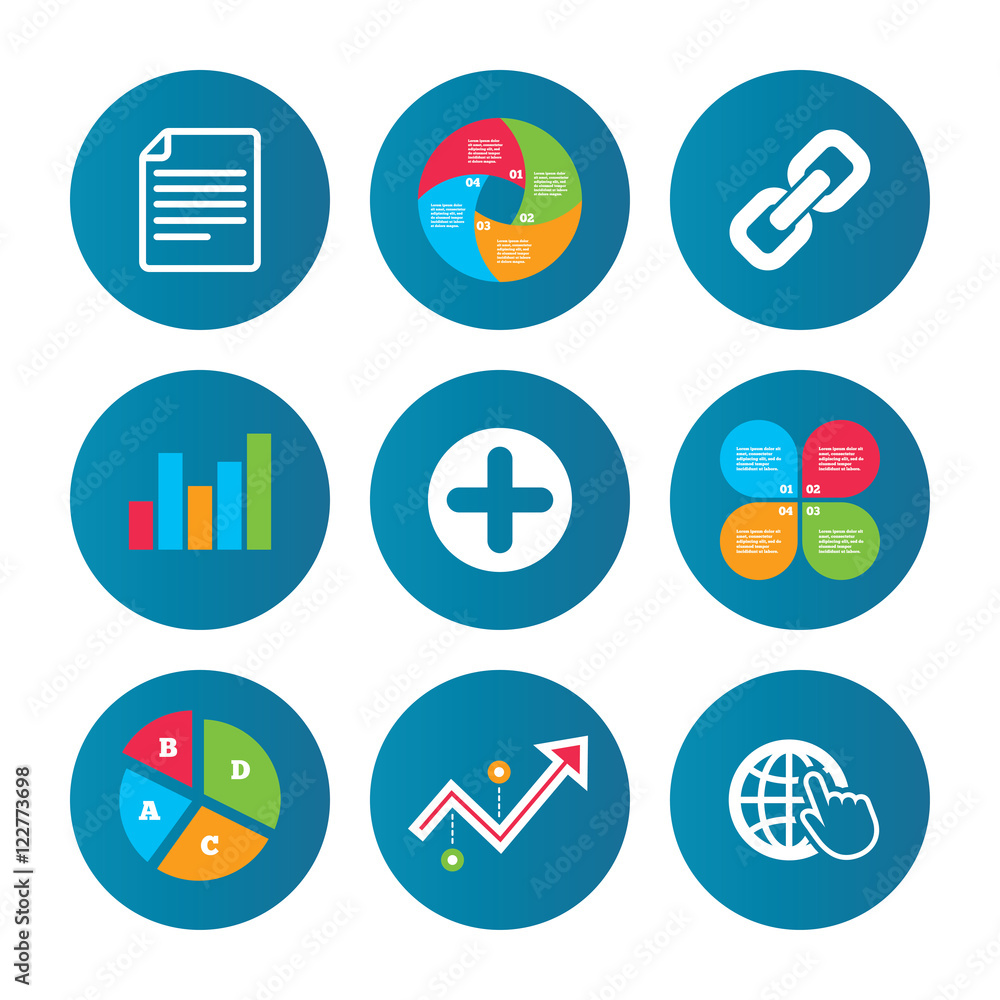Plus circle and hyperlink signs. File, globe. Plus circle and hyperlink signs. File, globe.