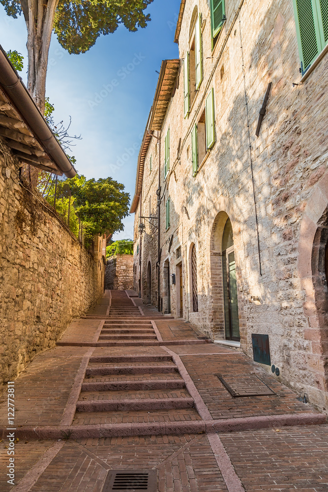 Assisi, Italy. Old street with steps at the top of the town