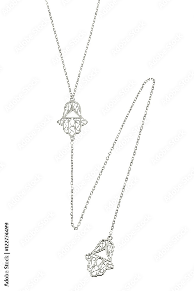 Silver jewelry chain with pendant on white background Silver jewelry chain with pendant on white background