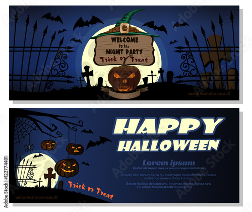 Halloween horizontal banners set. Halloween pumpkins in a cemetery on the background of the full moon, witch's hat. Invitation to the night party. Vector illustration