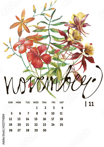 Calendar 2017. Templates with watercolor illustations. photo