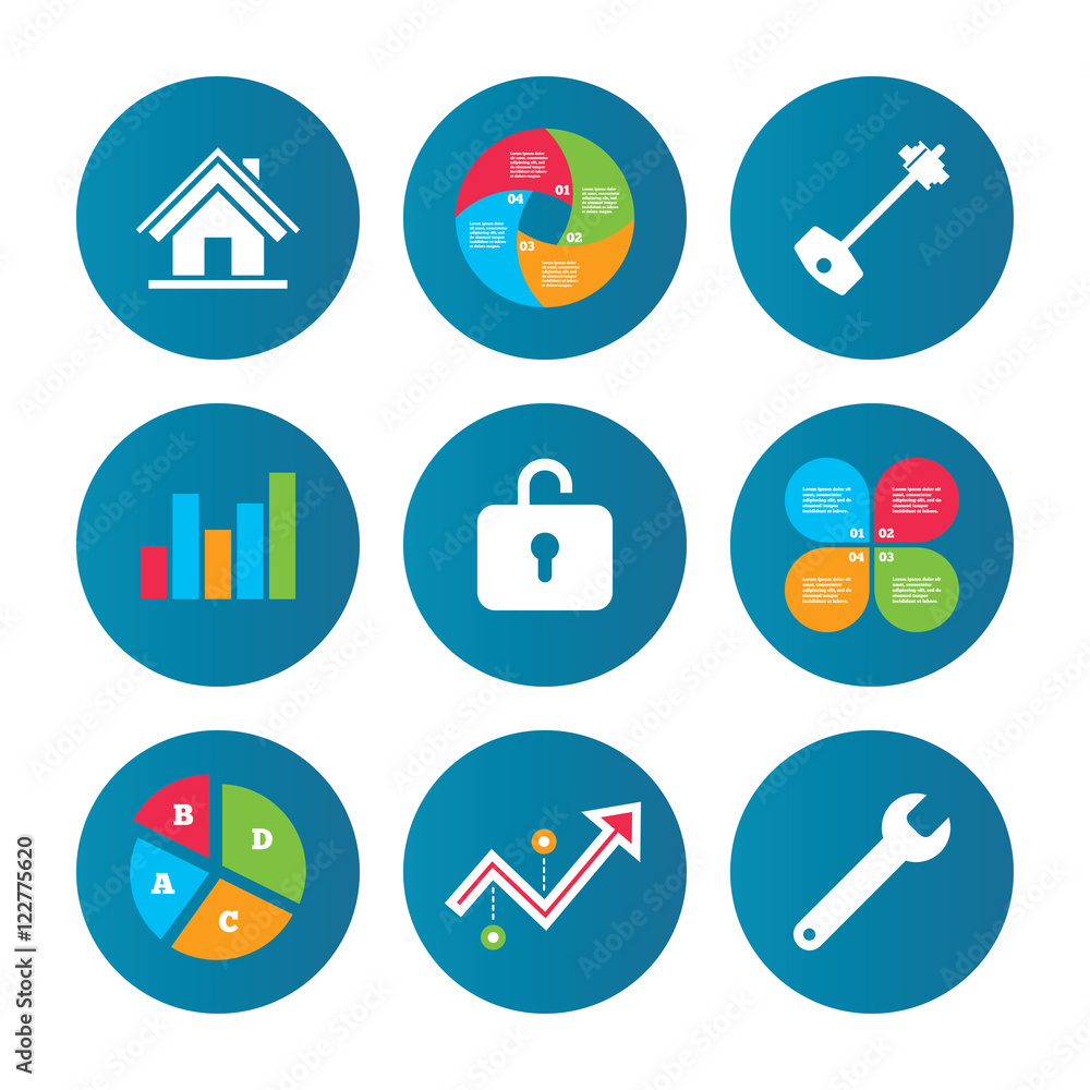 Home key icon. Wrench service tool symbol. Home key icon. Wrench service tool symbol.