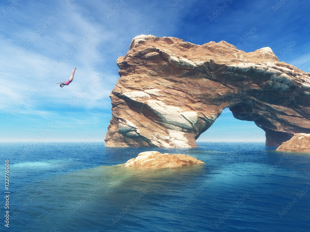 Woman jumping off cliff into the ocean. Stock Illustration | Adobe Stock