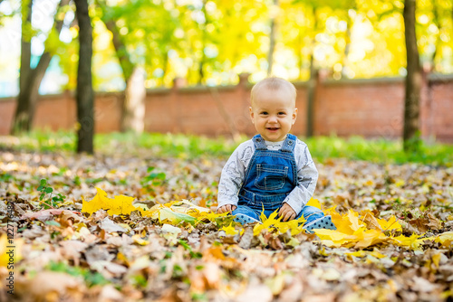 toddler sitting in the park in autumn leaves