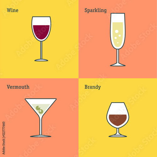 Vector icon set of glass goblets. Flat thin line design. Wine, sparkling wine, vermouth and brandy.