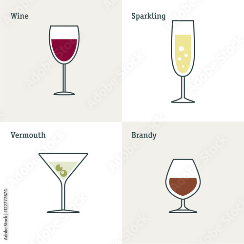 Vector icon set of glass goblets. Flat thin line design. Wine, sparkling wine, vermouth and brandy.