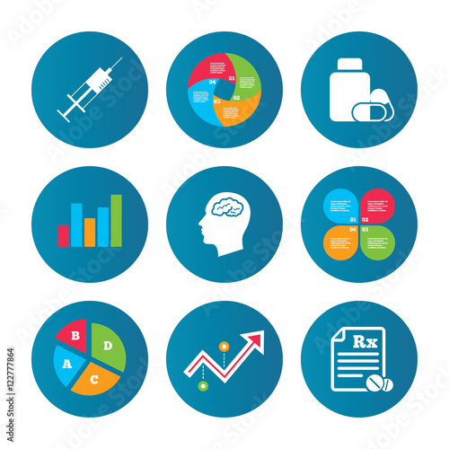 Medicine icons. Tablets bottle, brain, Rx.
