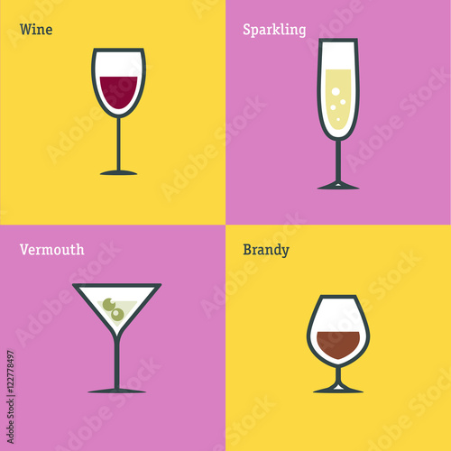 Vector icon set of glass goblets. Flat thin line design. Wine, sparkling wine, vermouth and brandy.