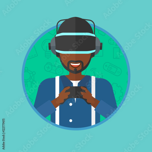 Man wearing virtual reality headset.