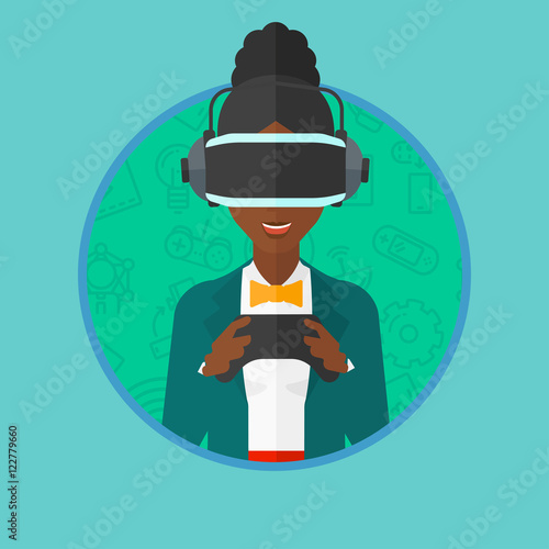 Woman wearing virtual reality headset.