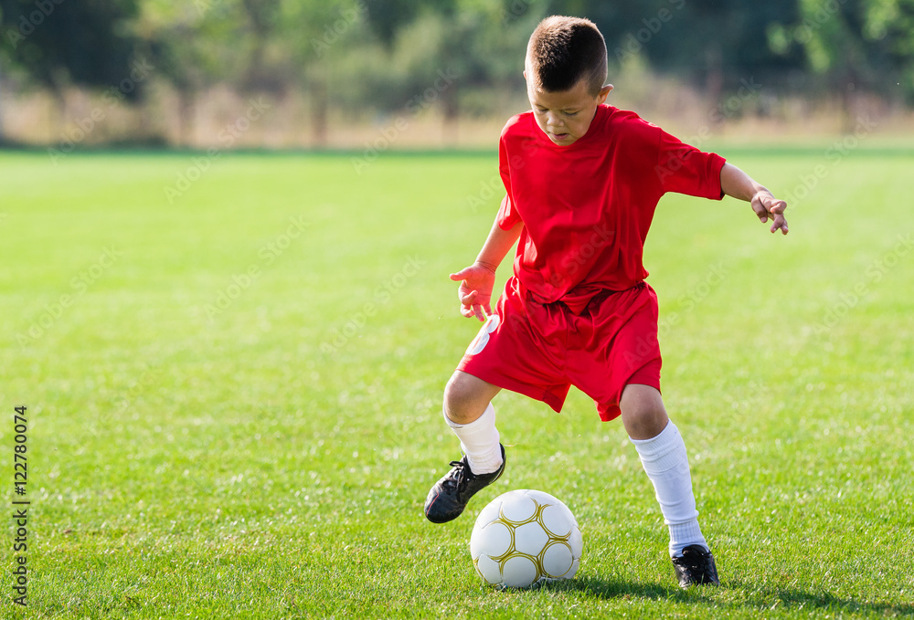 Boy kicking soccer ball