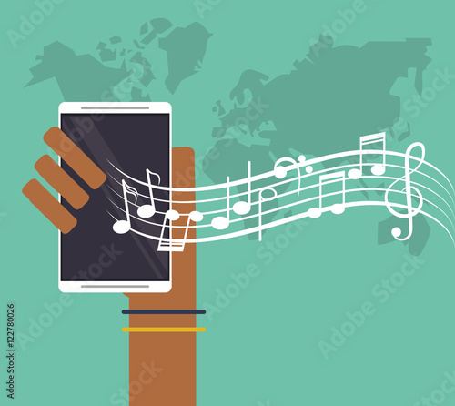 Smartphone and music note icon. Music online sound technology and media theme. Colorful design. Vector illustration