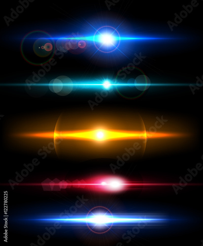 Realistic light glare sparkle, highlight set. Collection of beautiful bright lens flares. Lighting effects of flash.