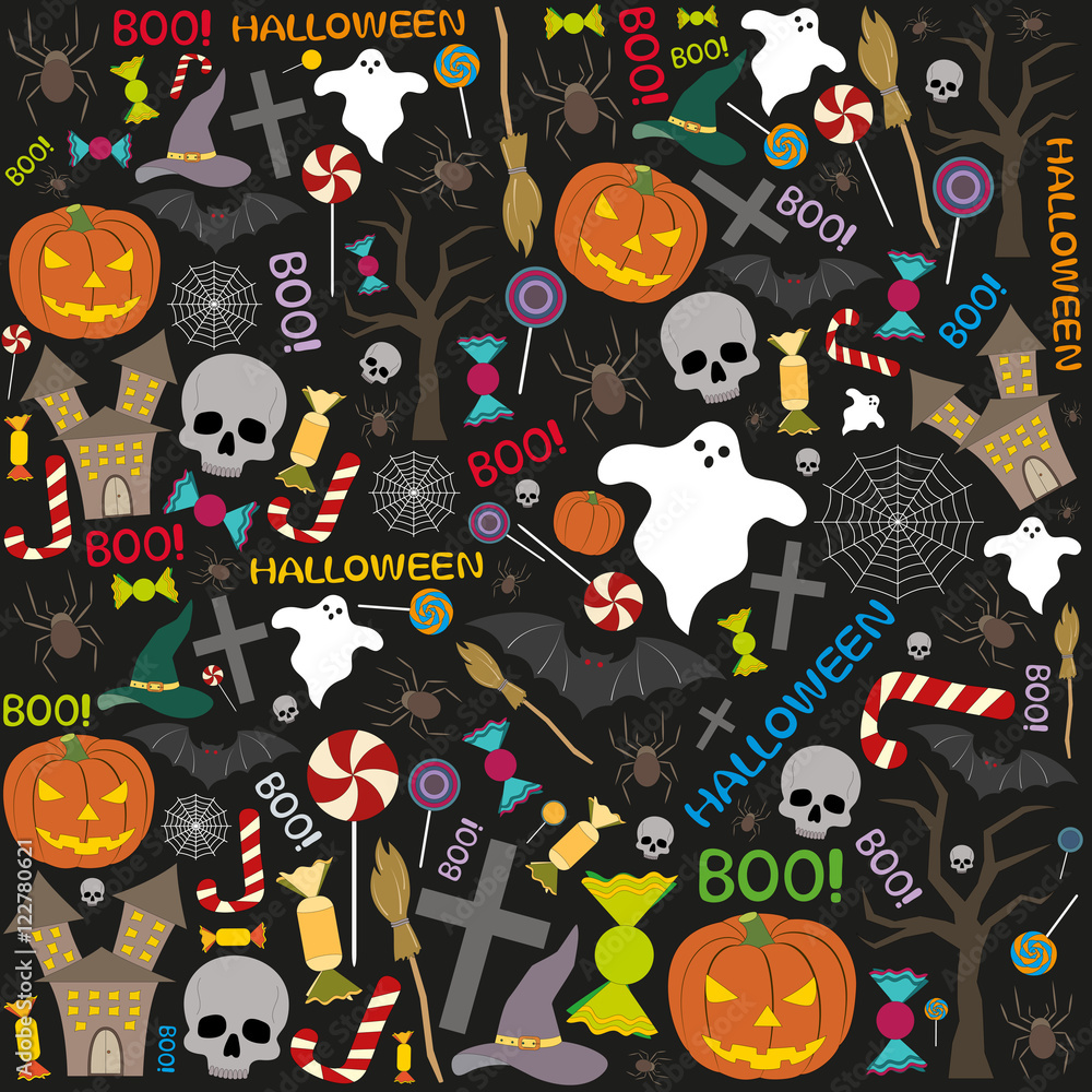 pattern with pumpkin, witch, bats and other Halloween accessories pattern with pumpkin, witch, bats and other Halloween accessories