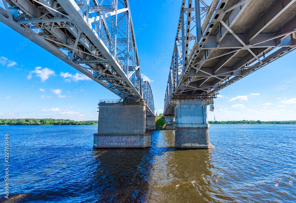 Railway bridge over the river on a concrete base Railway bridge over the river on a concrete base