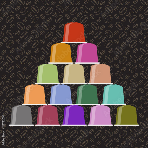 Coffee pods capsules set in different flavors and colors on coffee beans seamless background. Multicolored coffee capsules set. Espresso coffee capsule pods.